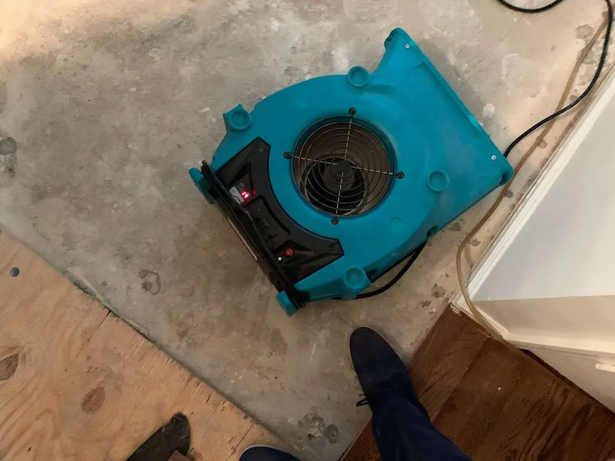 Air mover drying subfloor during Leak Detection & Repair in Covington